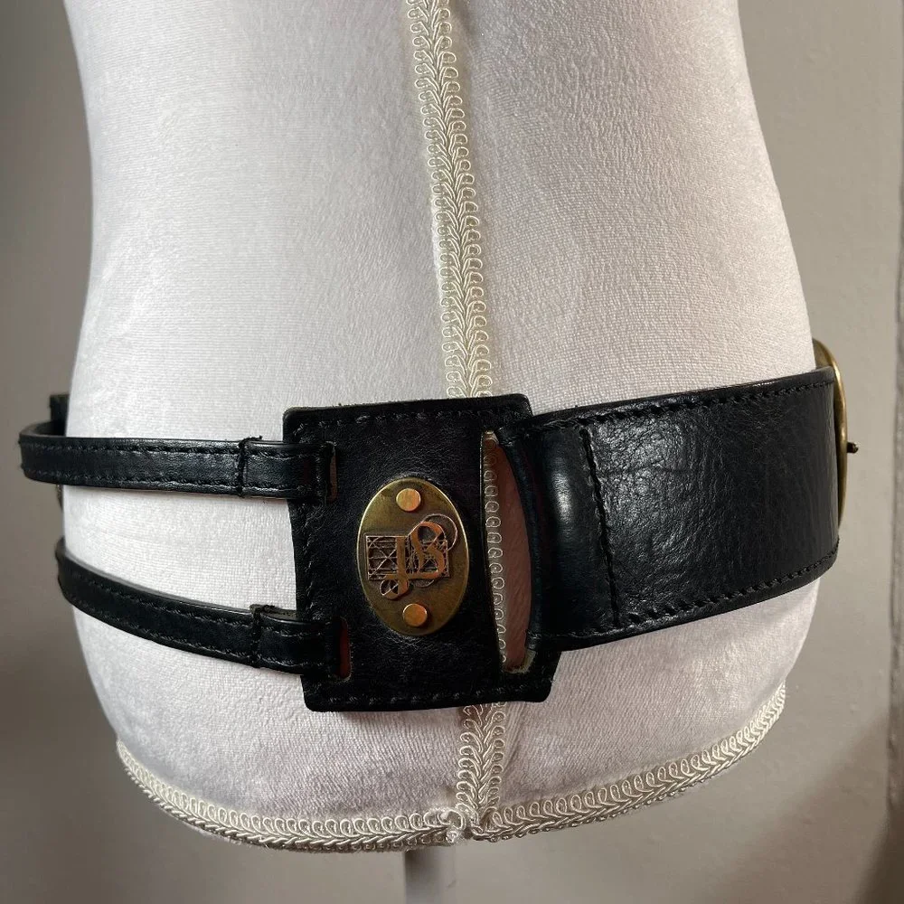 GF FERRE Black Leather Sectioned Belt with Bronze Plaques